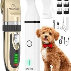 oneisall Dog Clippers and Paw Trimmer Kit 2 in 1 Low Noise Cordless Dog Clippers for Grooming Pet Hair Trimmers for Small and Large Dogs Cats Animals