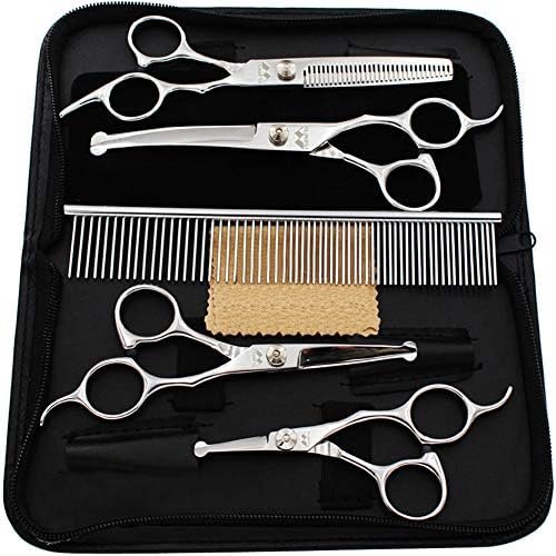 iSeaFly Dog Grooming Scissors Kit with Round Tip, 6 in 1 Cat Dog Scissors, Stainless Steel Pet Grooming Shears, Straight, Curved, Thinning Shears, Comb for Full Body, Face, Nose, Ear & Paw
